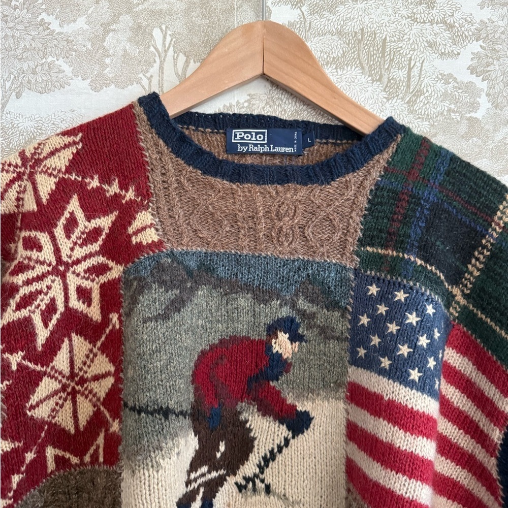 Vintage Ralph Lauren 90s Patchwork Ski Crewneck Sweater - Picture 2 of 13
